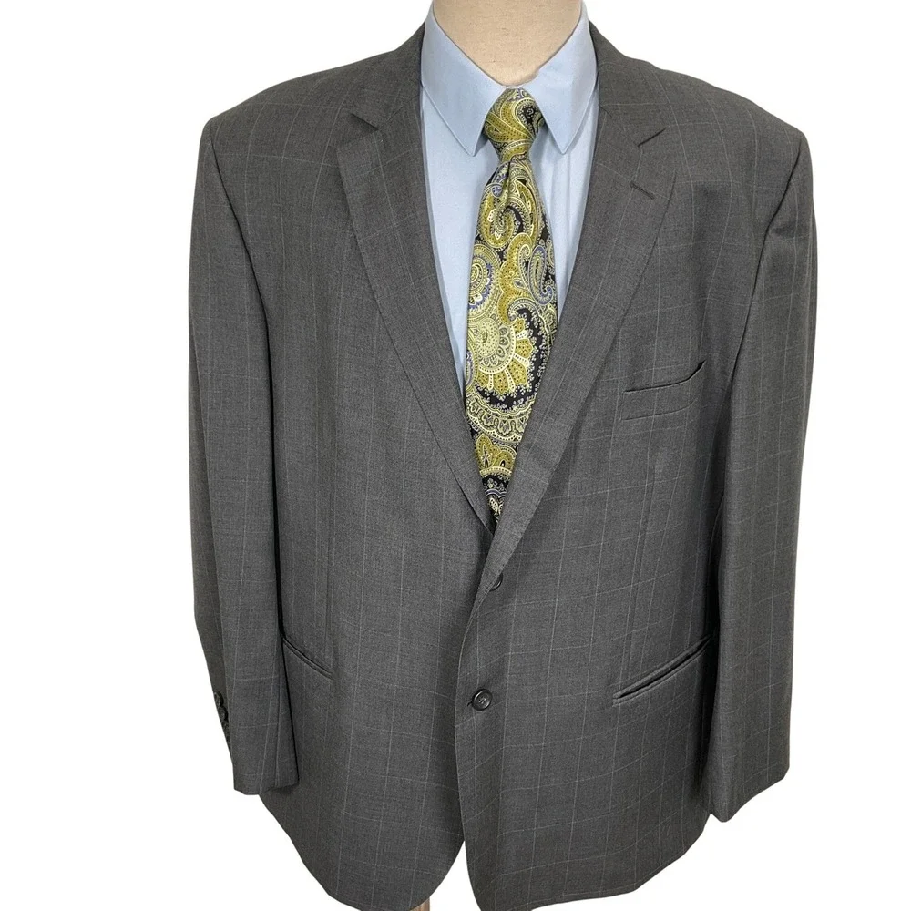 Pronto Uomo Platinum Blazer Mens‎ 52R Gray Blue Windowpane Plaid Classic Wool